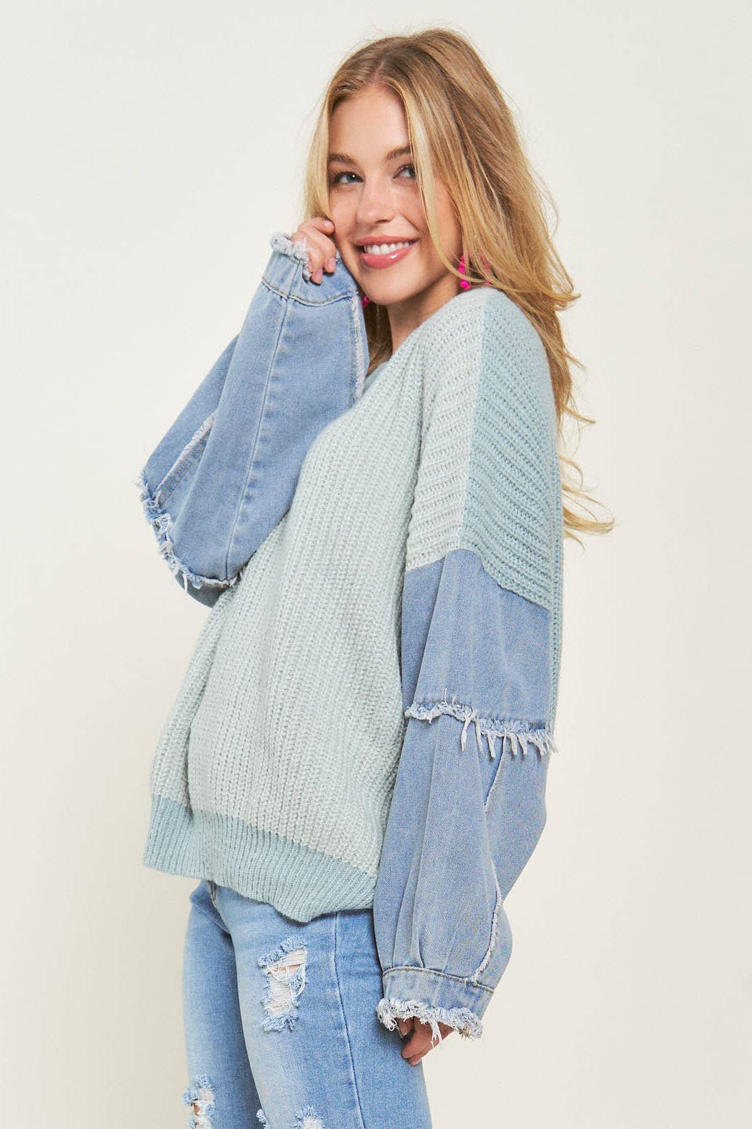 ADORA LA COLORBLOCK SWEATER TOP DENIM SLEEVE - CESW3192