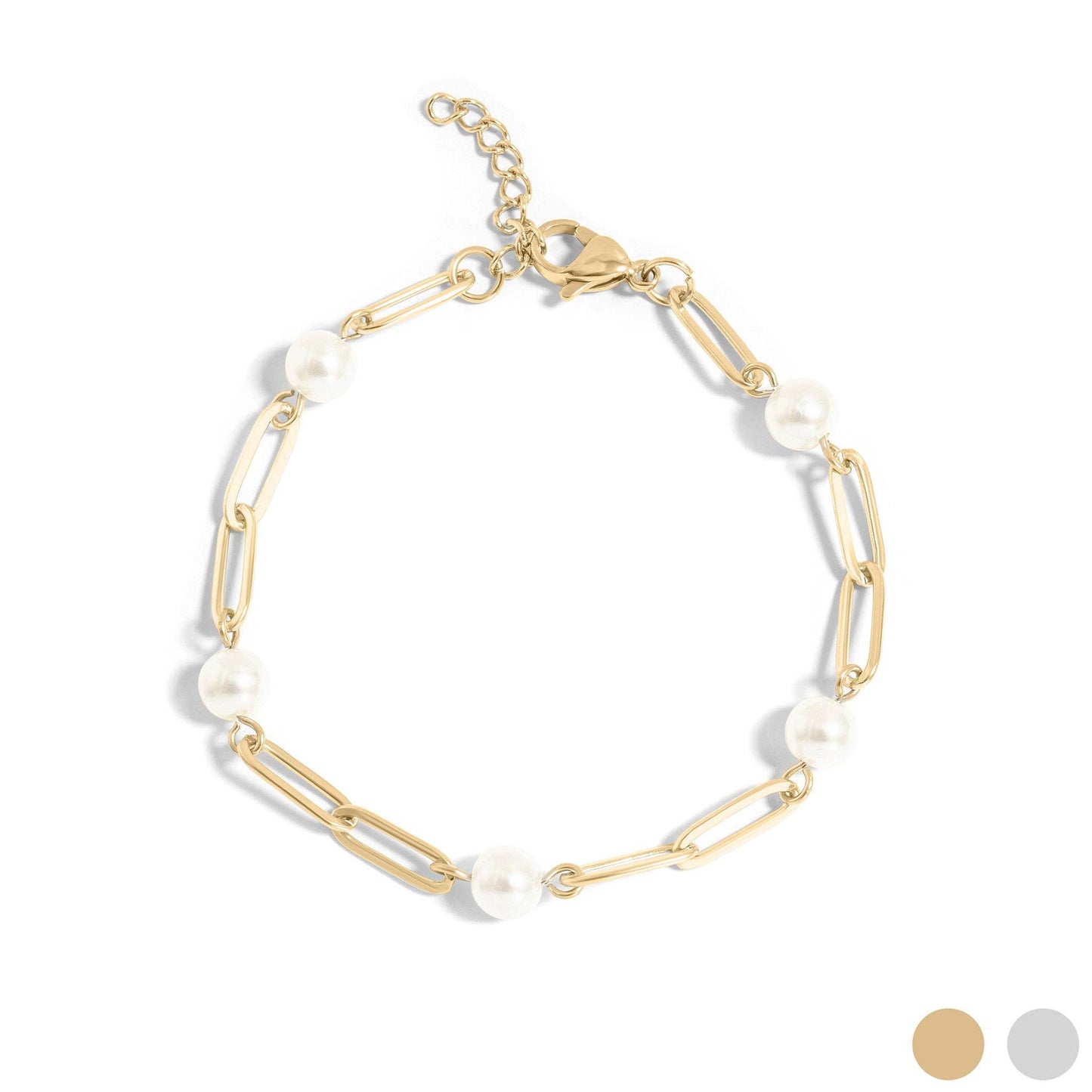 WJW 18K Gold PVD Steel Station Pearl Paperclip Chain Bracelet