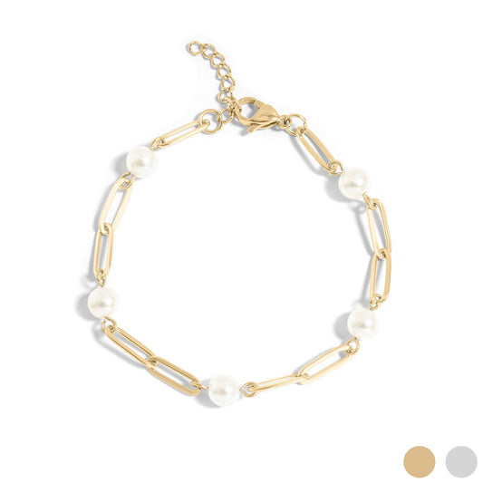 WJW 18K Gold PVD Steel Station Pearl Paperclip Chain Bracelet