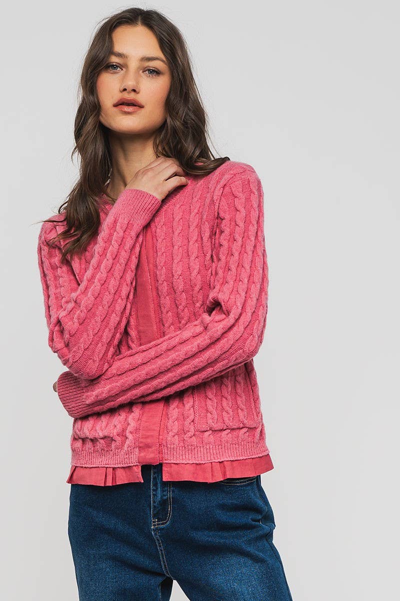 Urban Daizy Cable Knit Snap Front Ribbed Trim Long Sleeve Sweater
