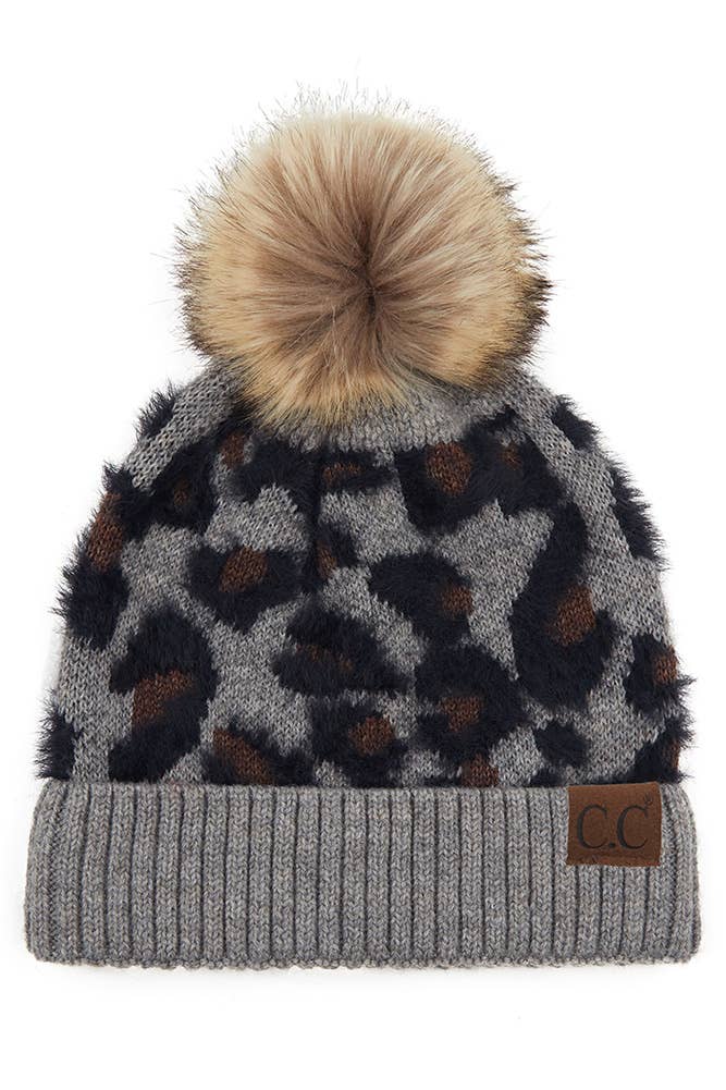 C.C Leopard Pattern Beanie Hat with Pom Winter Hat