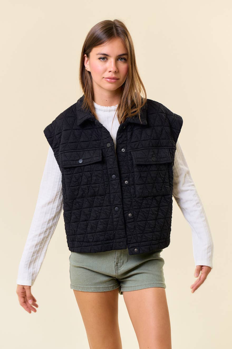 DOE AND RAE QUILTED POINT COLLAR FLAP PATCHED POCKET VEST - 10626J-1