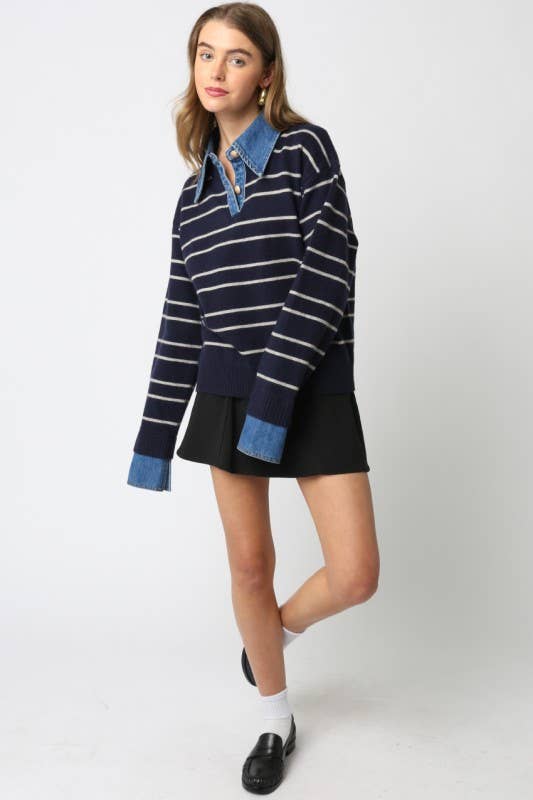 Olivaceous Sofia Stripe Denim Combo Sweater