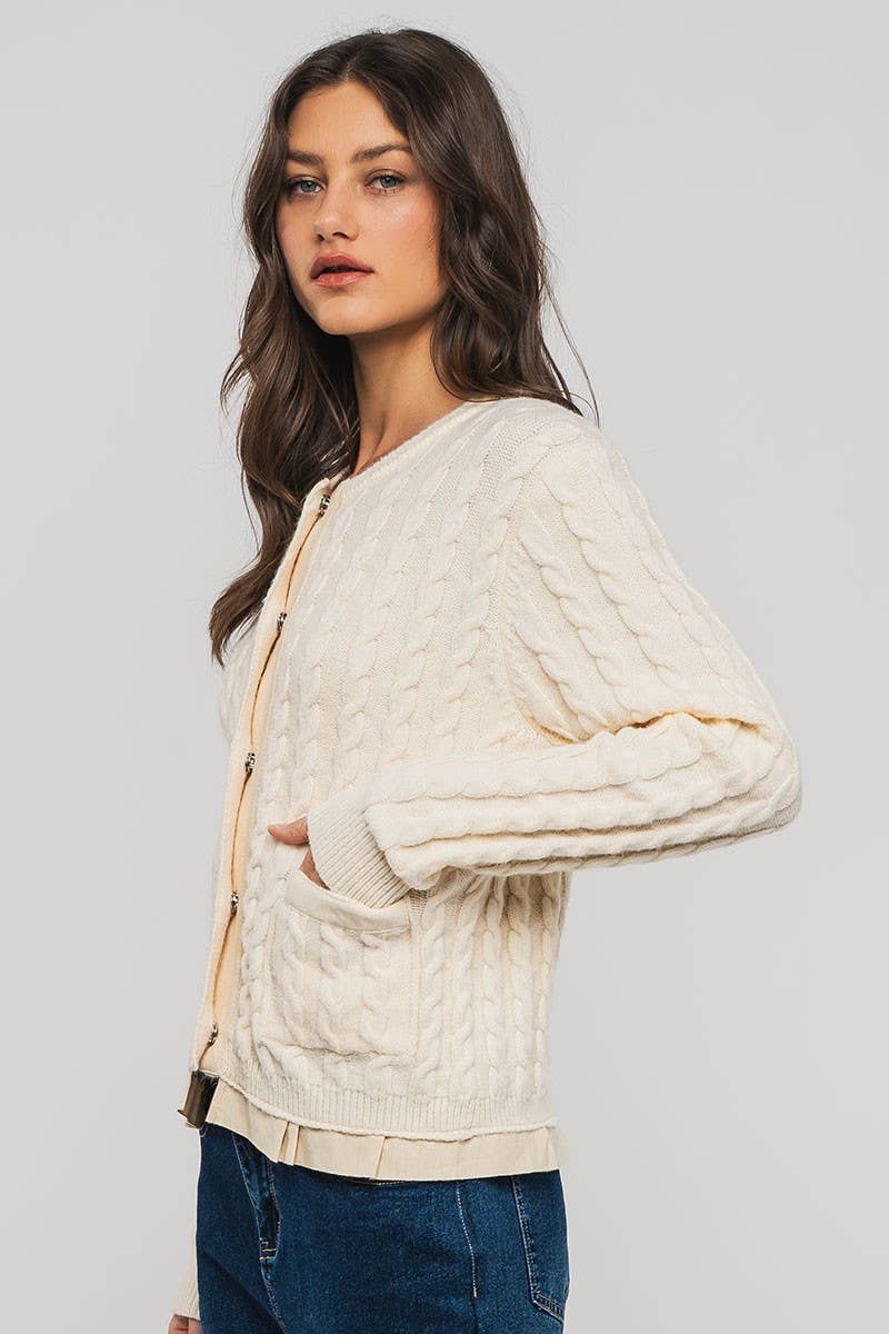 Urban Daizy Cable Knit Snap Front Ribbed Trim Long Sleeve Sweater