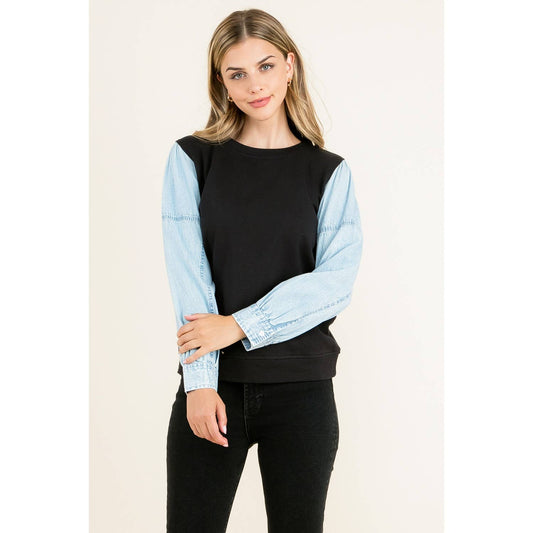 Black Knit Top with Long Light Denim Contrast Sleeves By THML