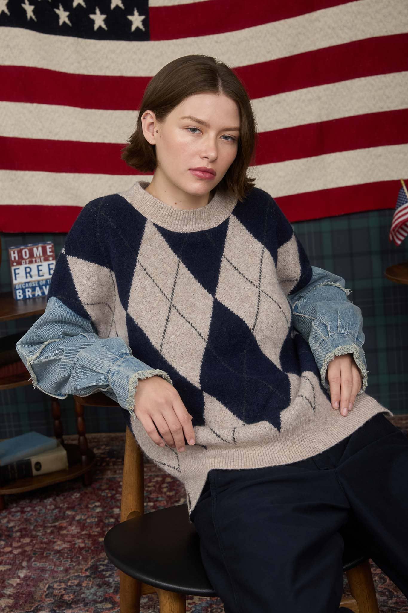 J O A ARGYLE DISTRESSED DENIM SLEEVE KNIT SWEATER