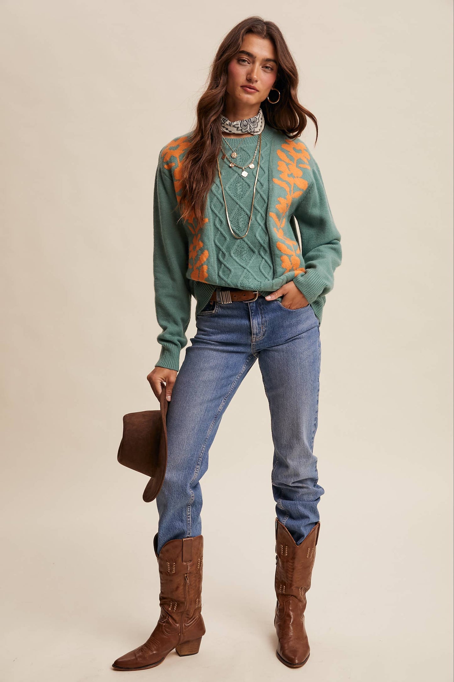 Floral Panel Cable Knit Sweater By Listicle