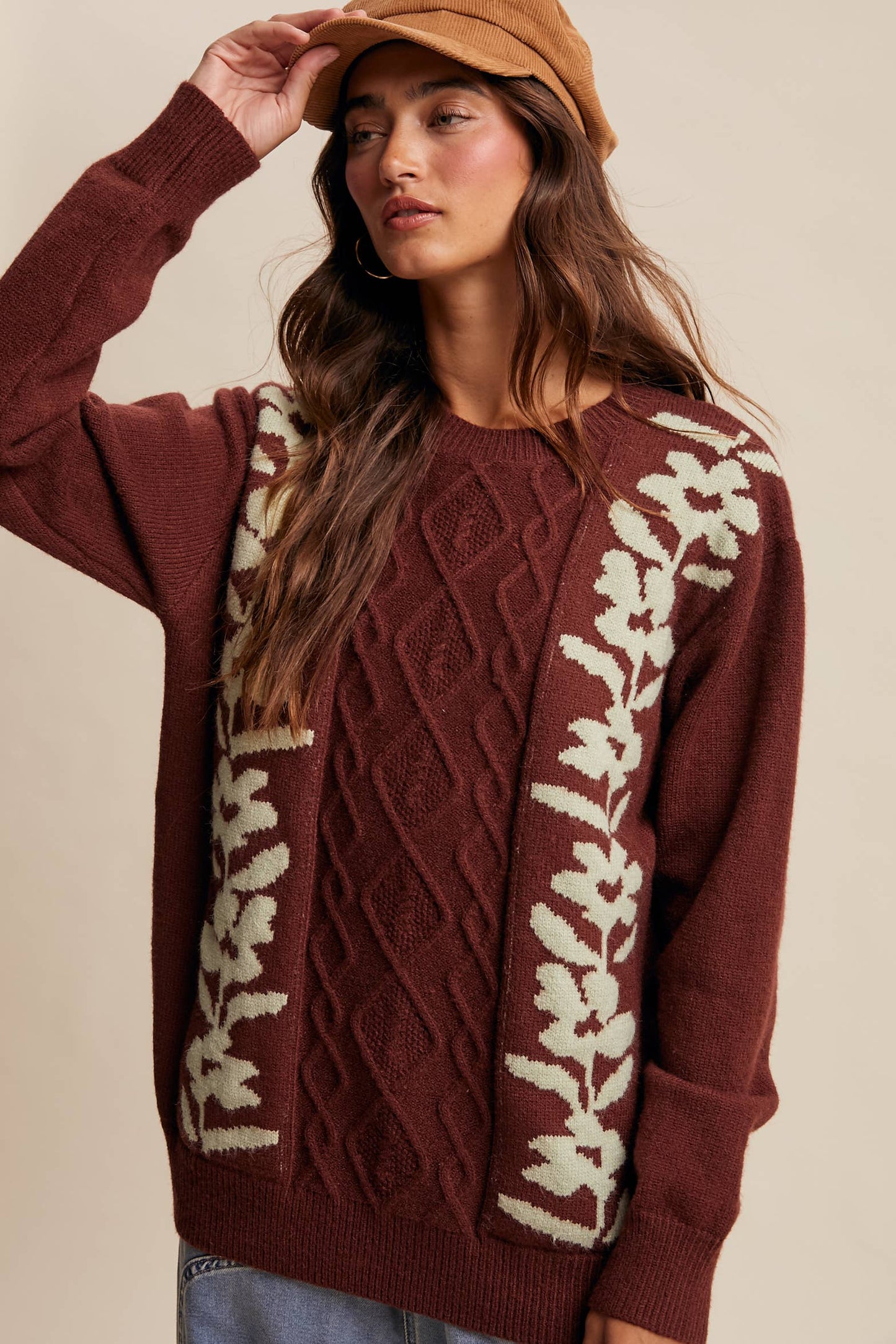 Floral Panel Cable Knit Sweater By Listicle