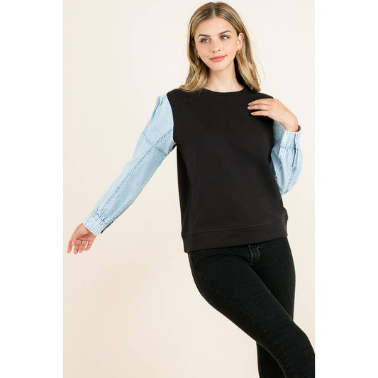 Black Knit Top with Long Light Denim Contrast Sleeves By THML