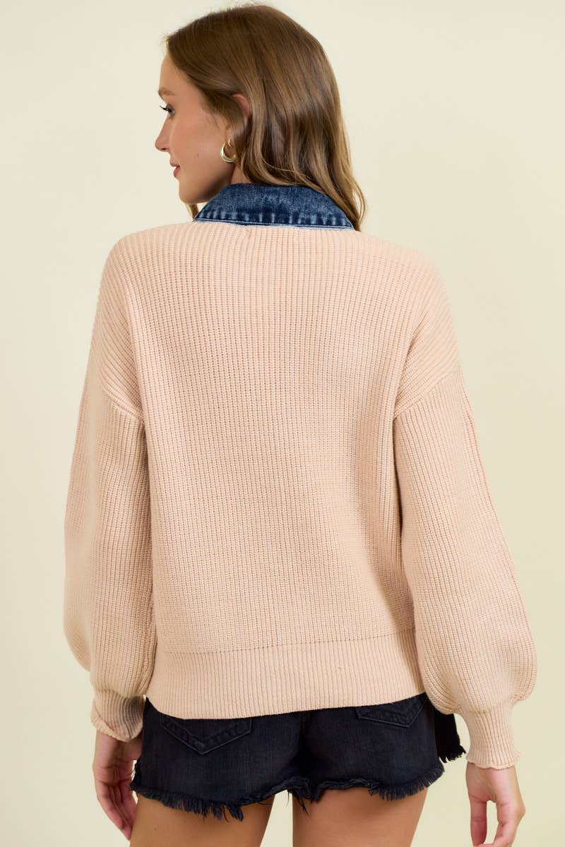 DOE AND RAE DENIM CONTRAST SWEATER RIB CARDIGAN - 10763J