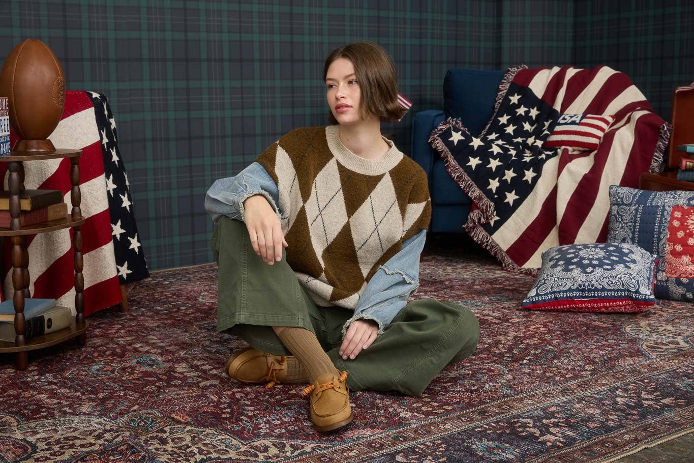 J O A ARGYLE DISTRESSED DENIM SLEEVE KNIT SWEATER