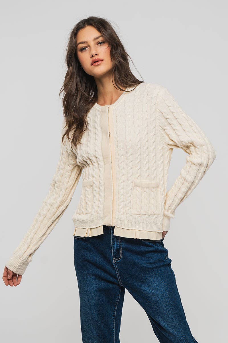 Urban Daizy Cable Knit Snap Front Ribbed Trim Long Sleeve Sweater