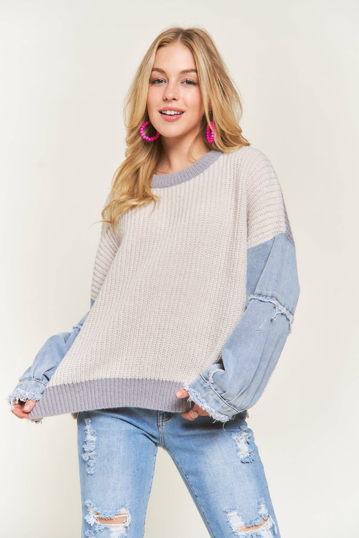 ADORA LA COLORBLOCK SWEATER TOP DENIM SLEEVE - CESW3192