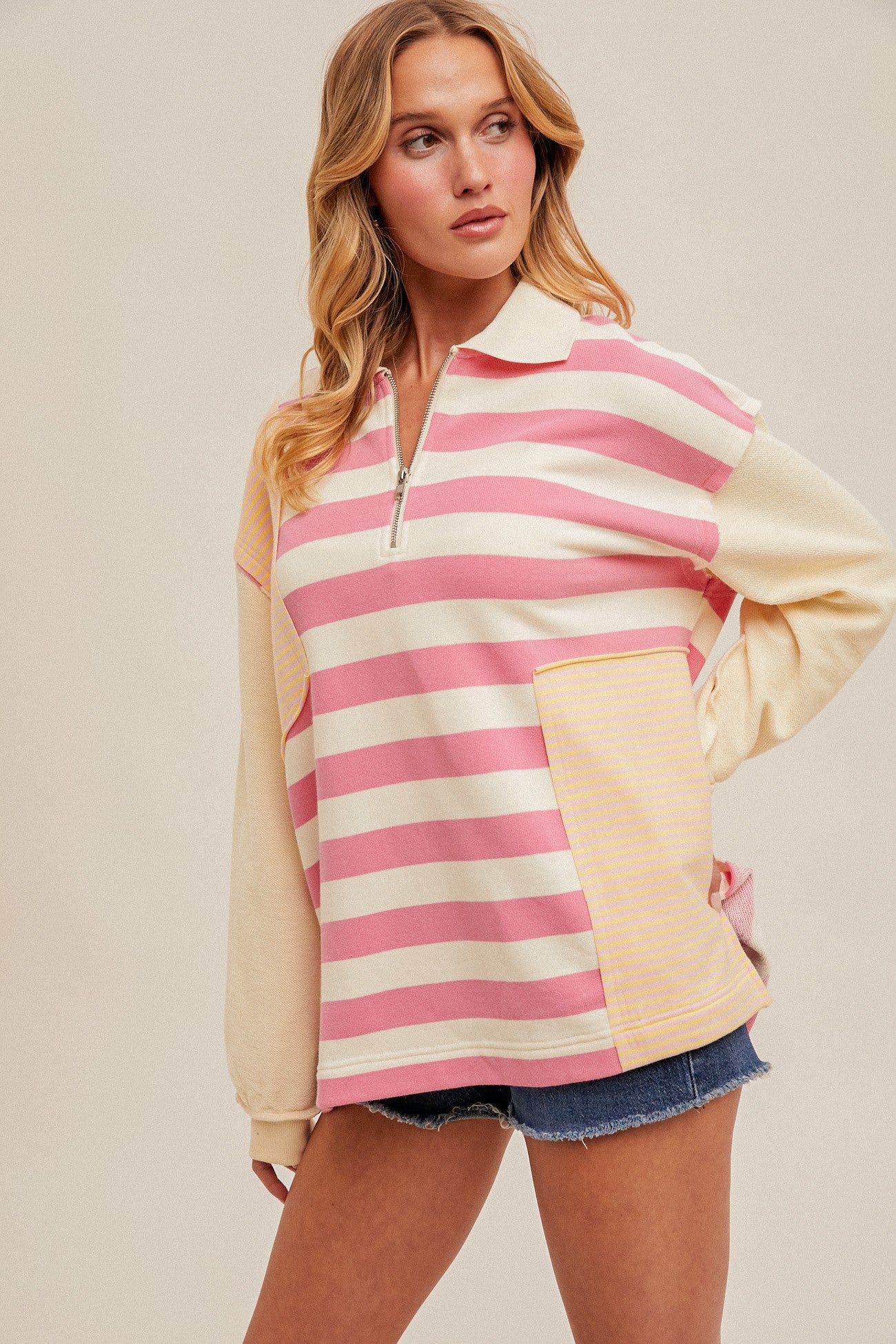 Hem & Thread PINK MIXED STRIPE QUARTER ZIP COLLARED SWEATSHIRT 36032