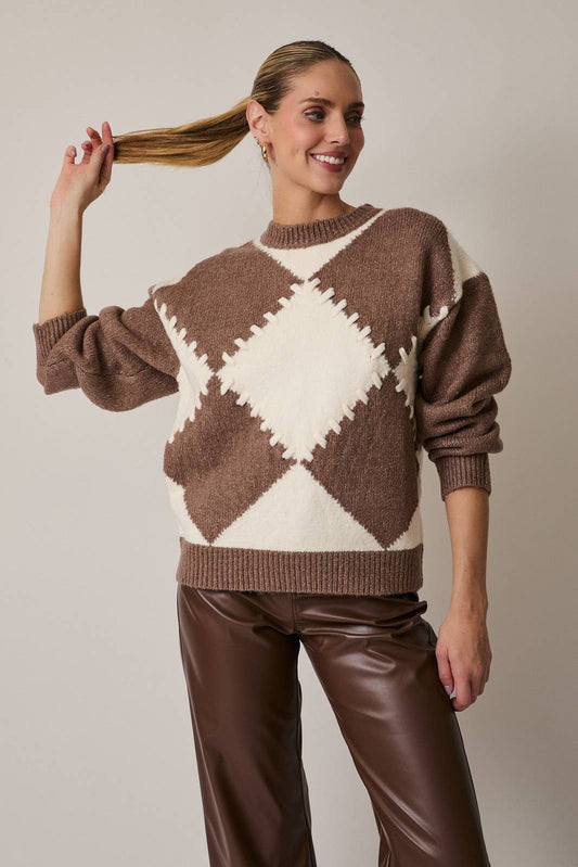 SUNDAY EDITION BY LE LIS ROUND NECK LONG SLEEVE ARGYLE SWEATER