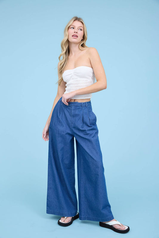 BLU PEPPER PLEATED WIDE LEG CHAMBRAY PANTS