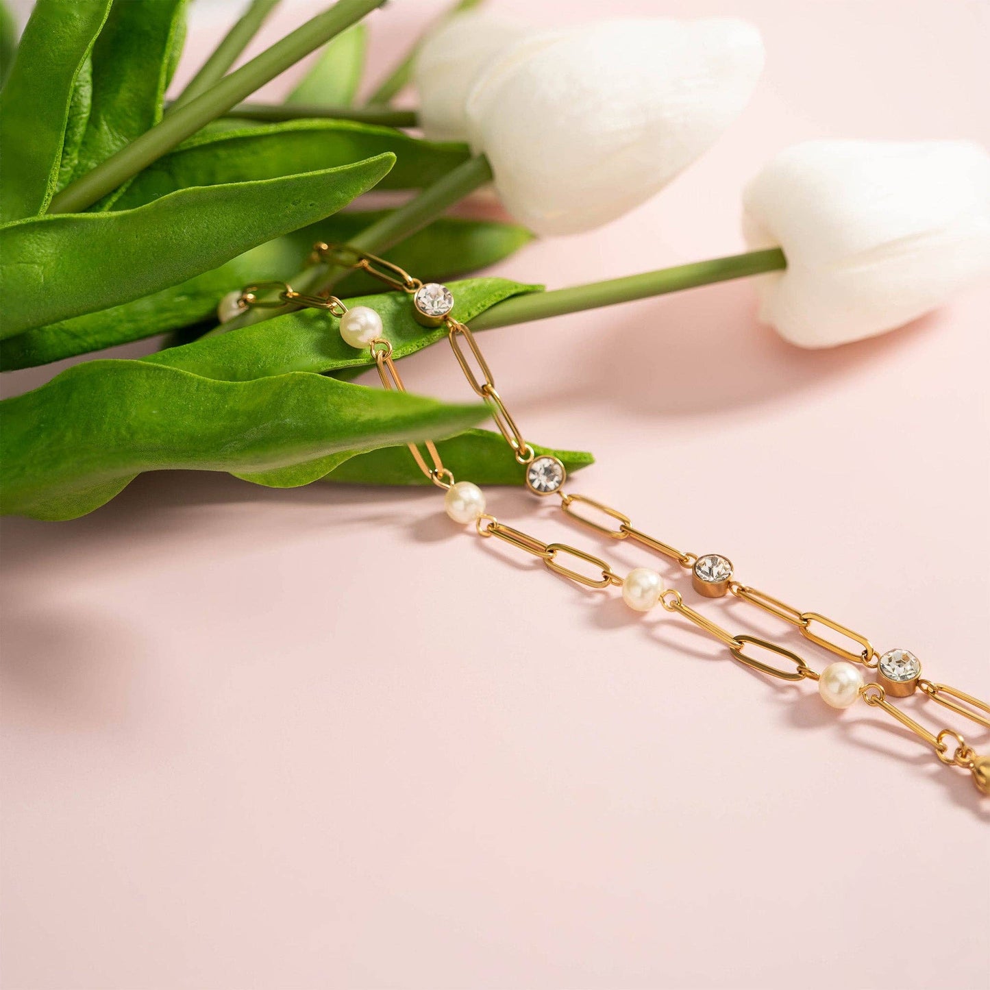 WJW 18K Gold PVD Steel Station Pearl Paperclip Chain Bracelet