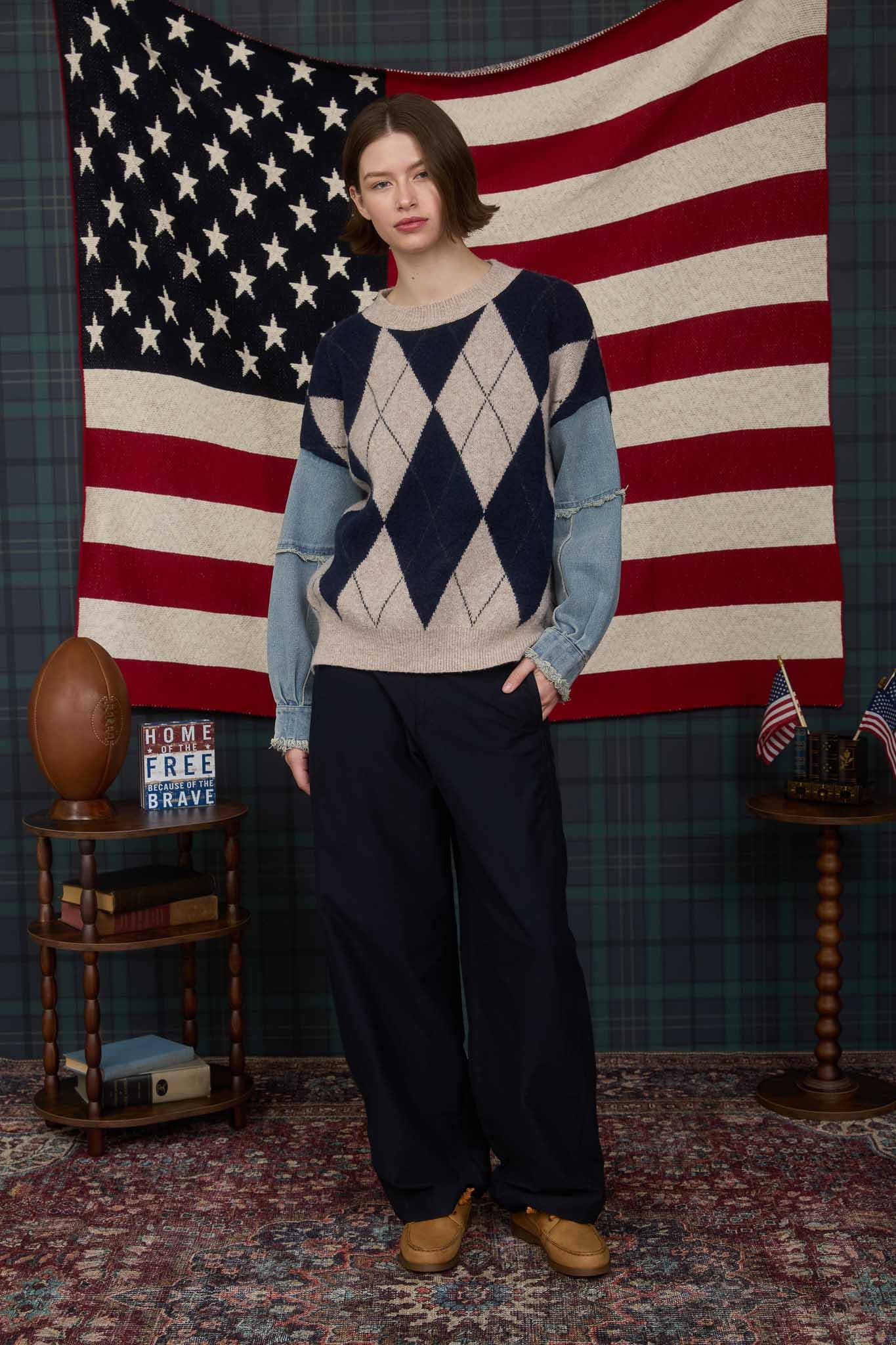 J O A ARGYLE DISTRESSED DENIM SLEEVE KNIT SWEATER