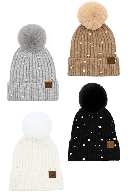 C.C Pearl Embellishments Pom Beanie