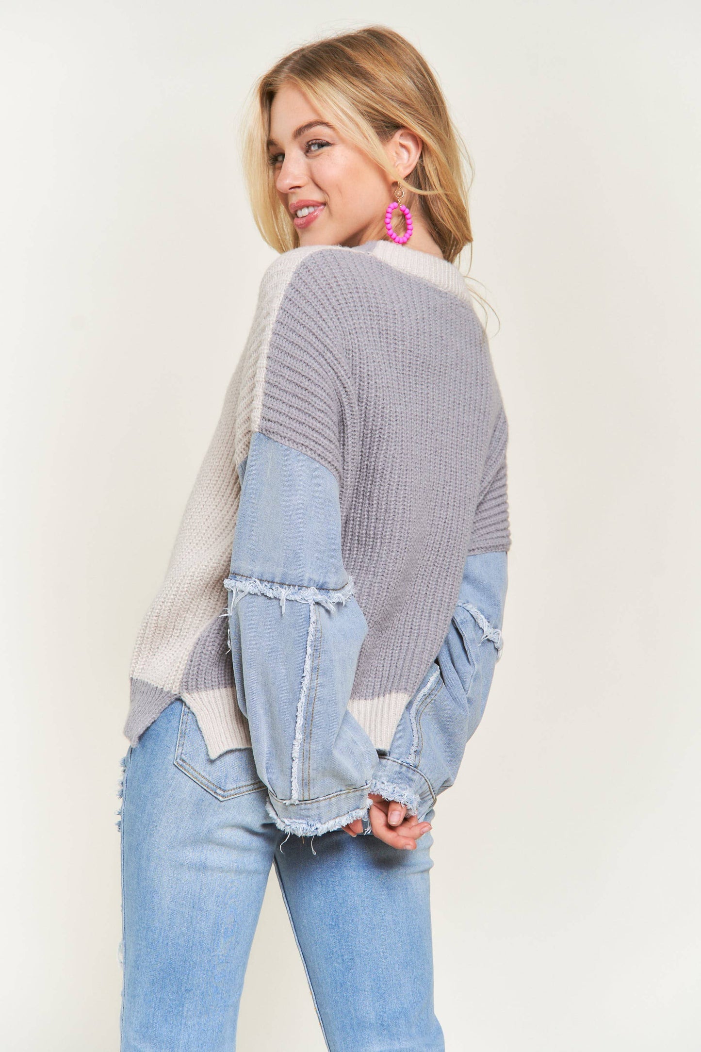 ADORA LA COLORBLOCK SWEATER TOP DENIM SLEEVE - CESW3192