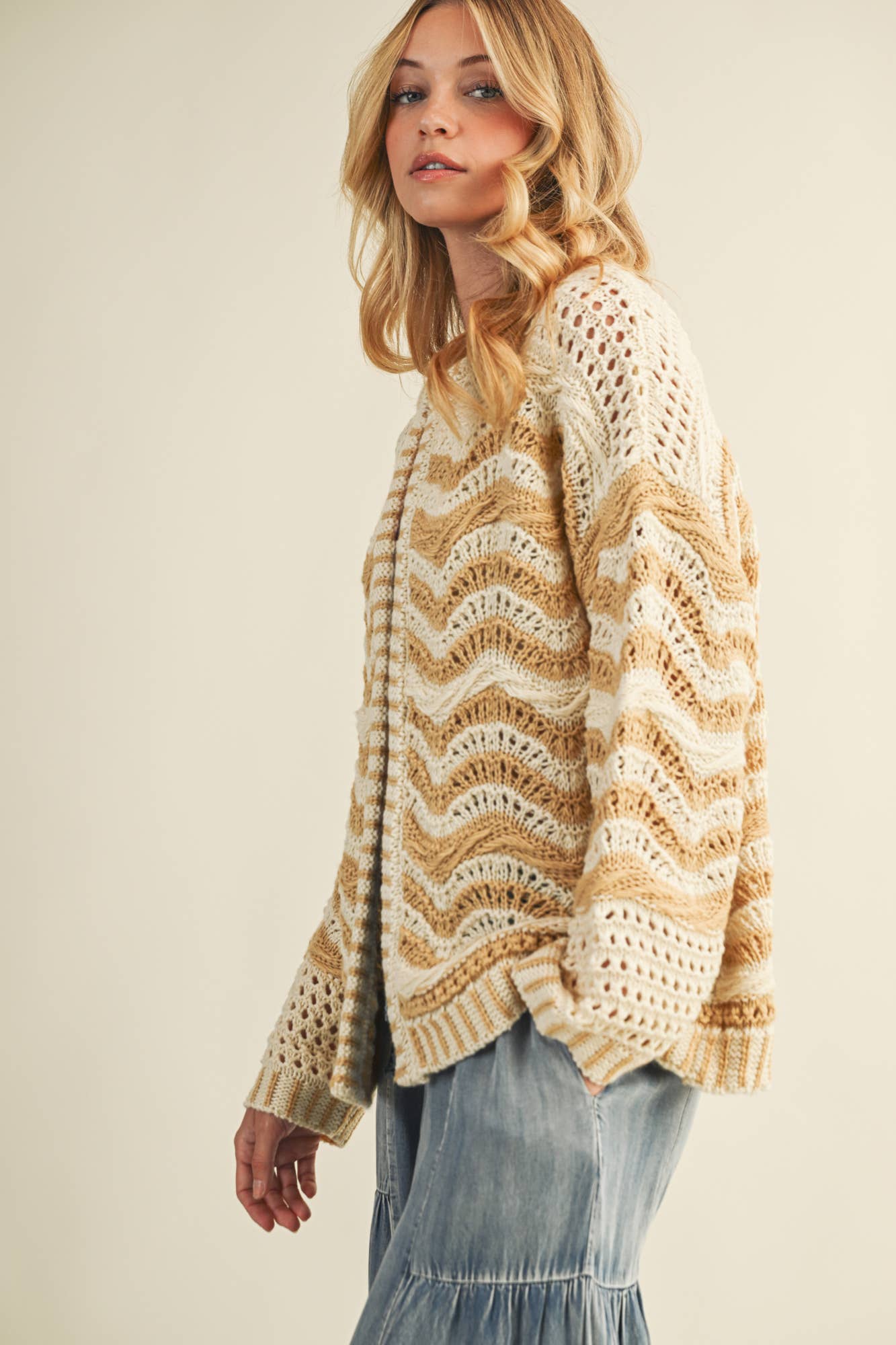 MUSTARD SEED WAVE PATTERN SWEATER CARDIGAN