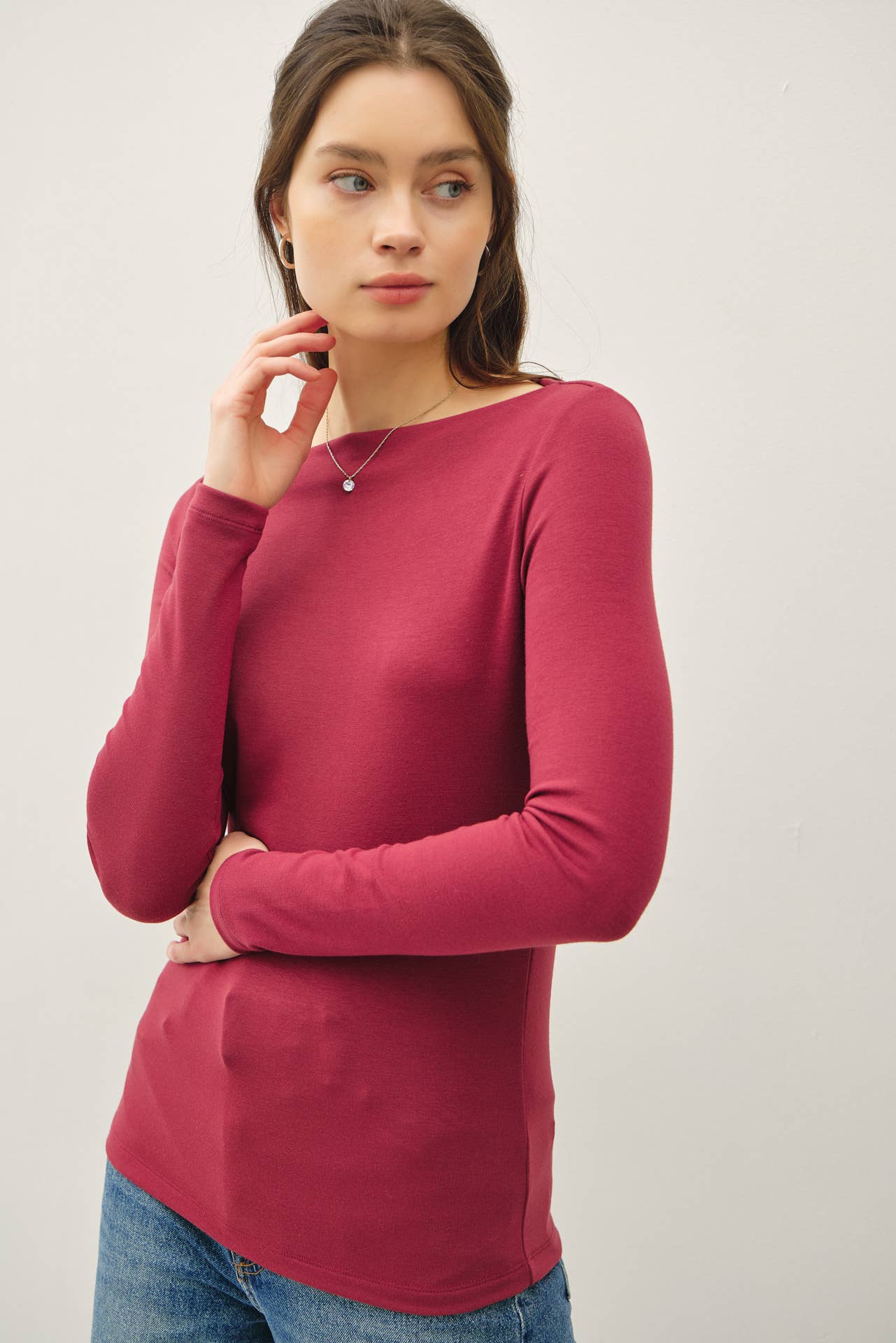 BASIC BOAT NECK LONG SLEEVE KNIT TOP