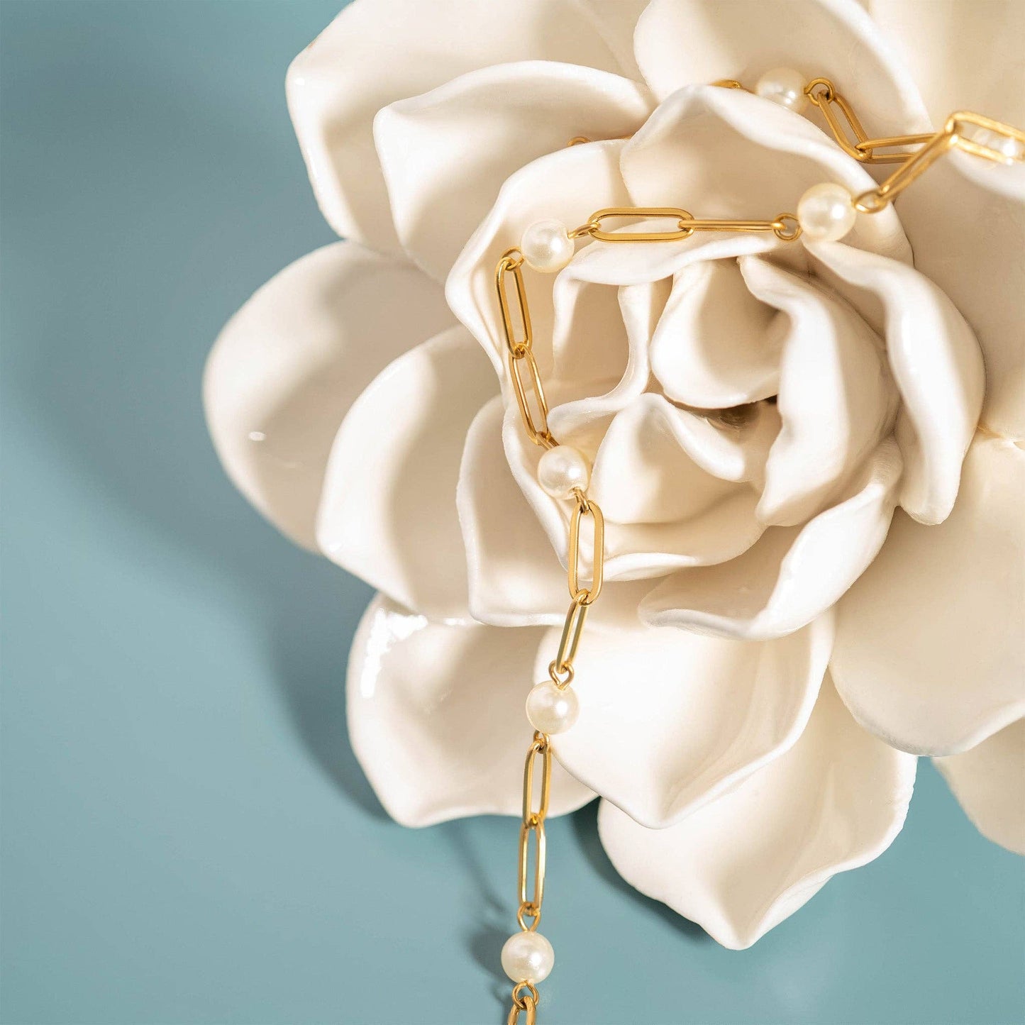 WJW 18K Gold PVD Steel Station Pearl Paperclip Chain Bracelet