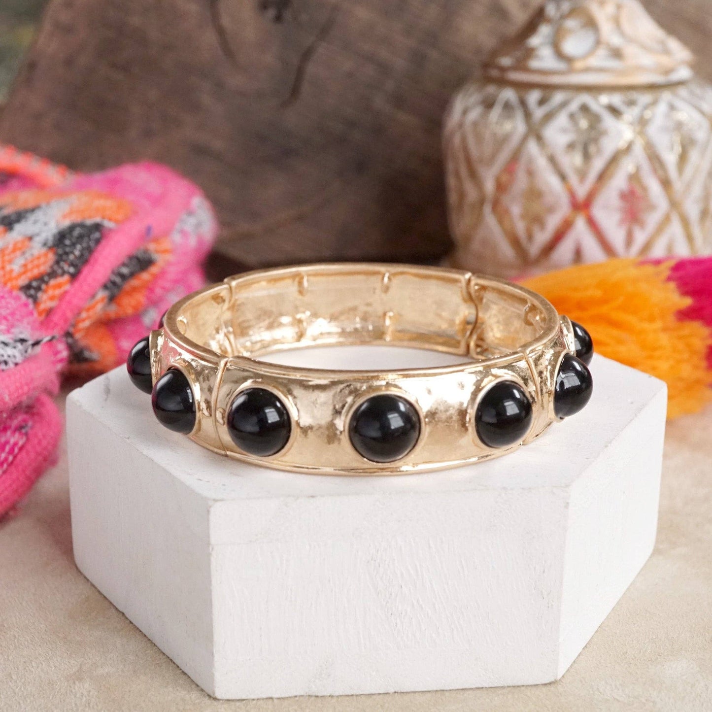 Eternity Statement Bangle Gold Tone Red Blue Brown Green Black Pearl