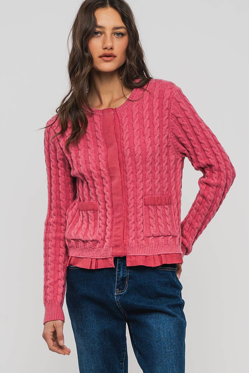 Urban Daizy Cable Knit Snap Front Ribbed Trim Long Sleeve Sweater