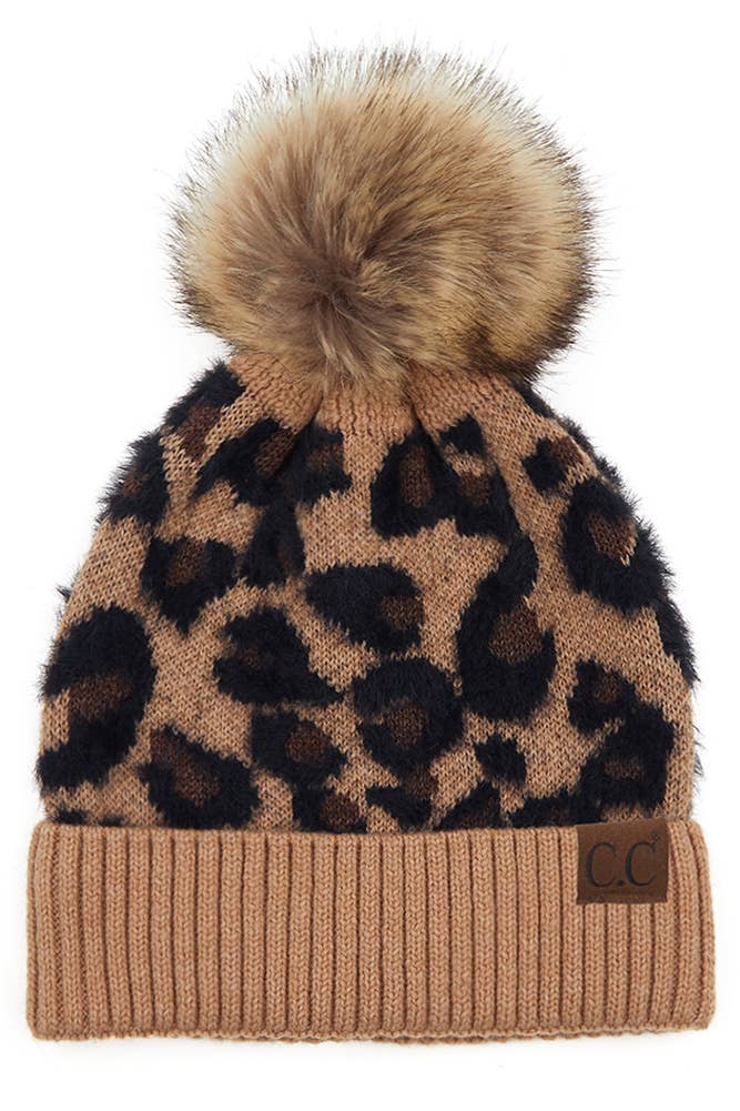 C.C Leopard Pattern Beanie Hat with Pom Winter Hat