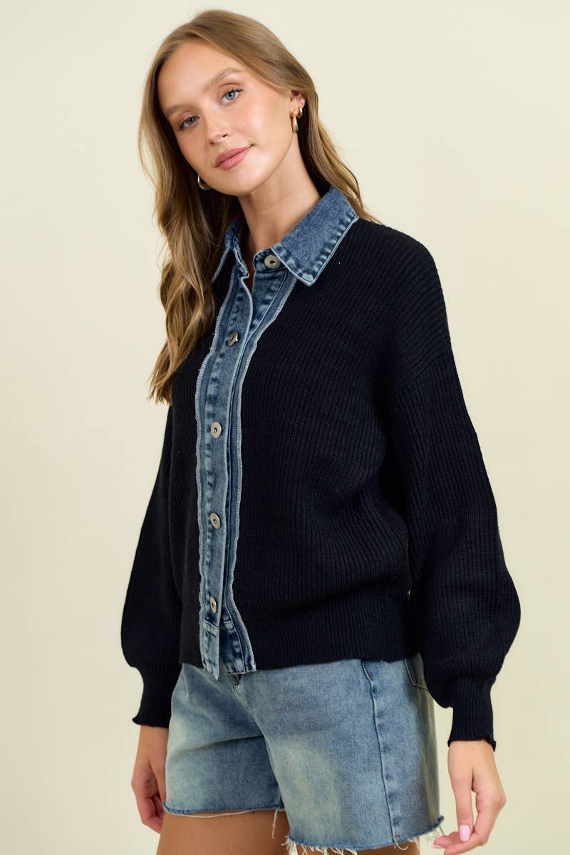 DOE AND RAE DENIM CONTRAST SWEATER RIB CARDIGAN - 10763J