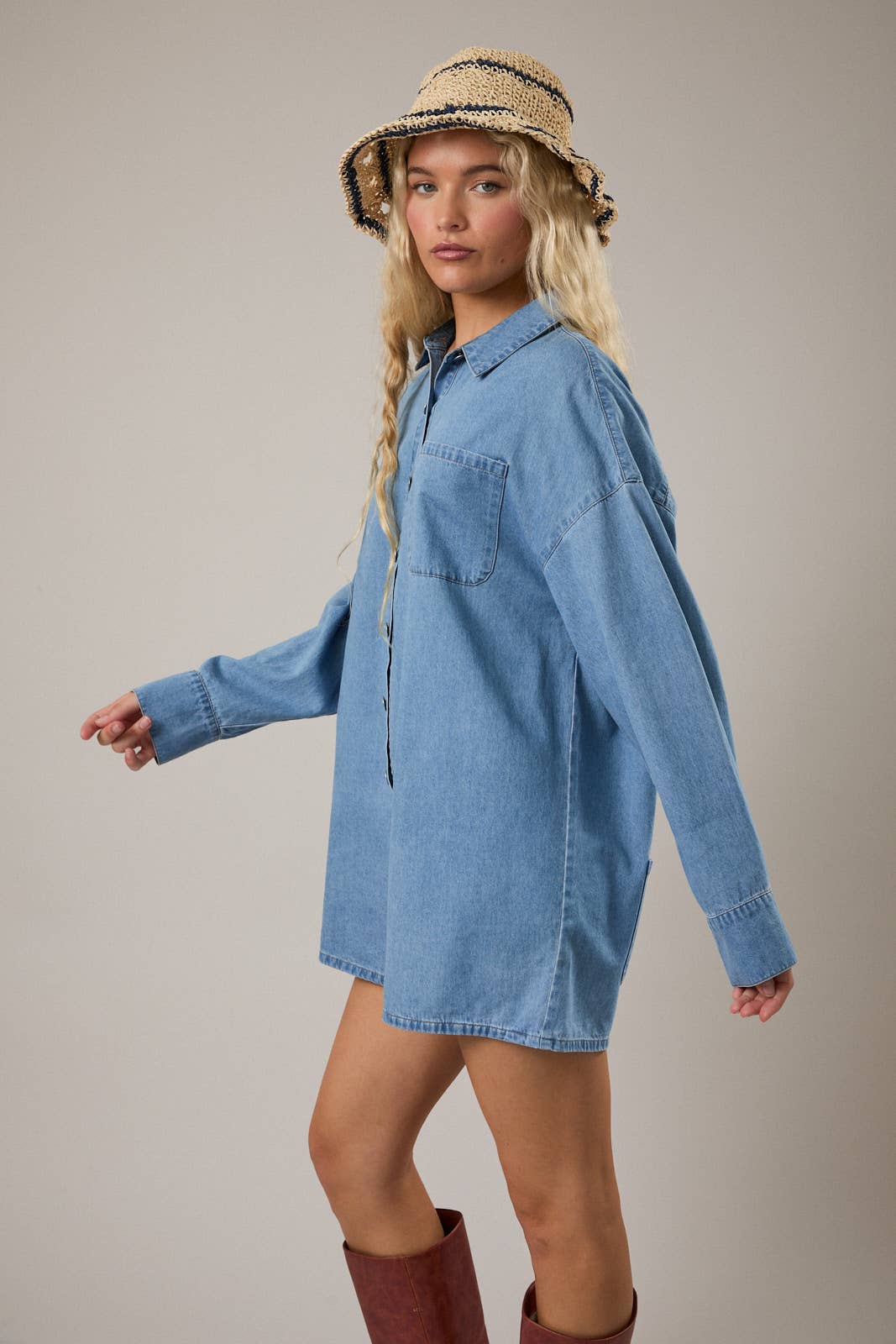 LONG SLEEVE WEIGHTLESS DENIM ROMPER BY LE LIS