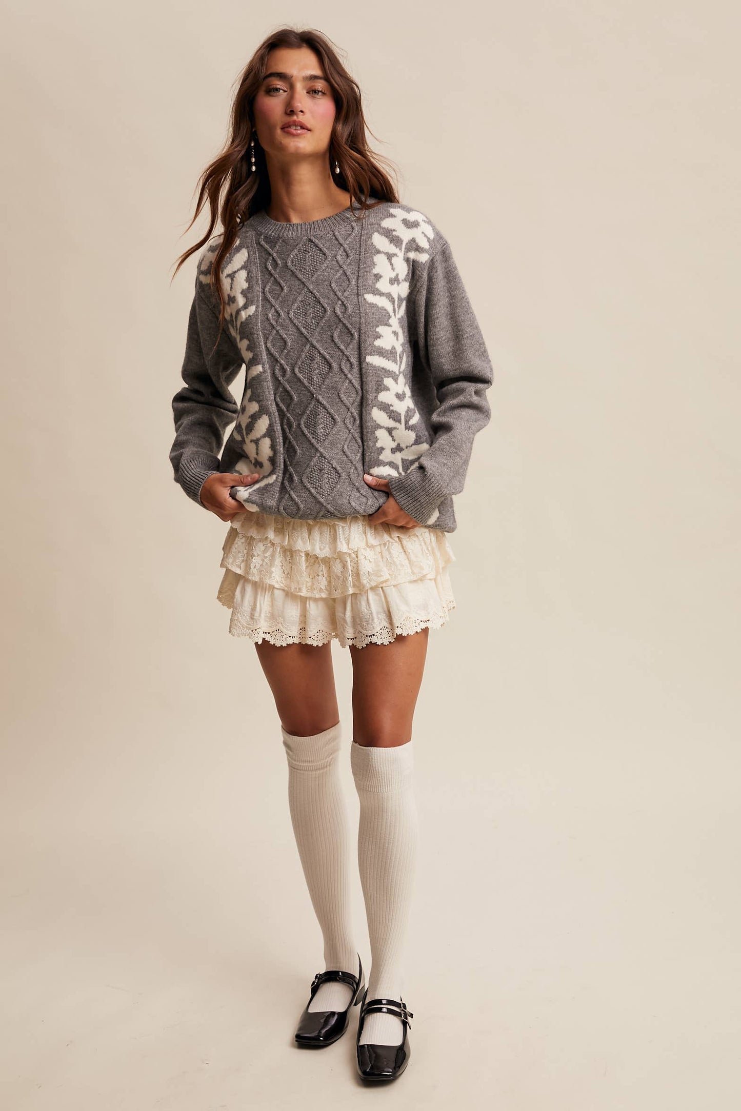 Floral Panel Cable Knit Sweater By Listicle