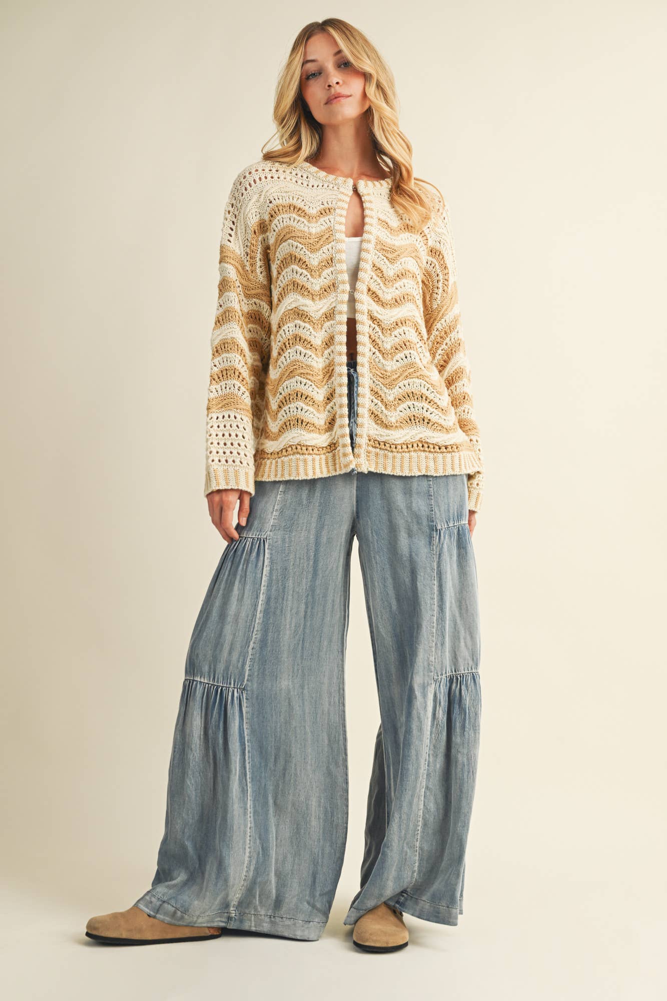 MUSTARD SEED RUFFLED SIDE WASHED DENIM WIDE PANTS