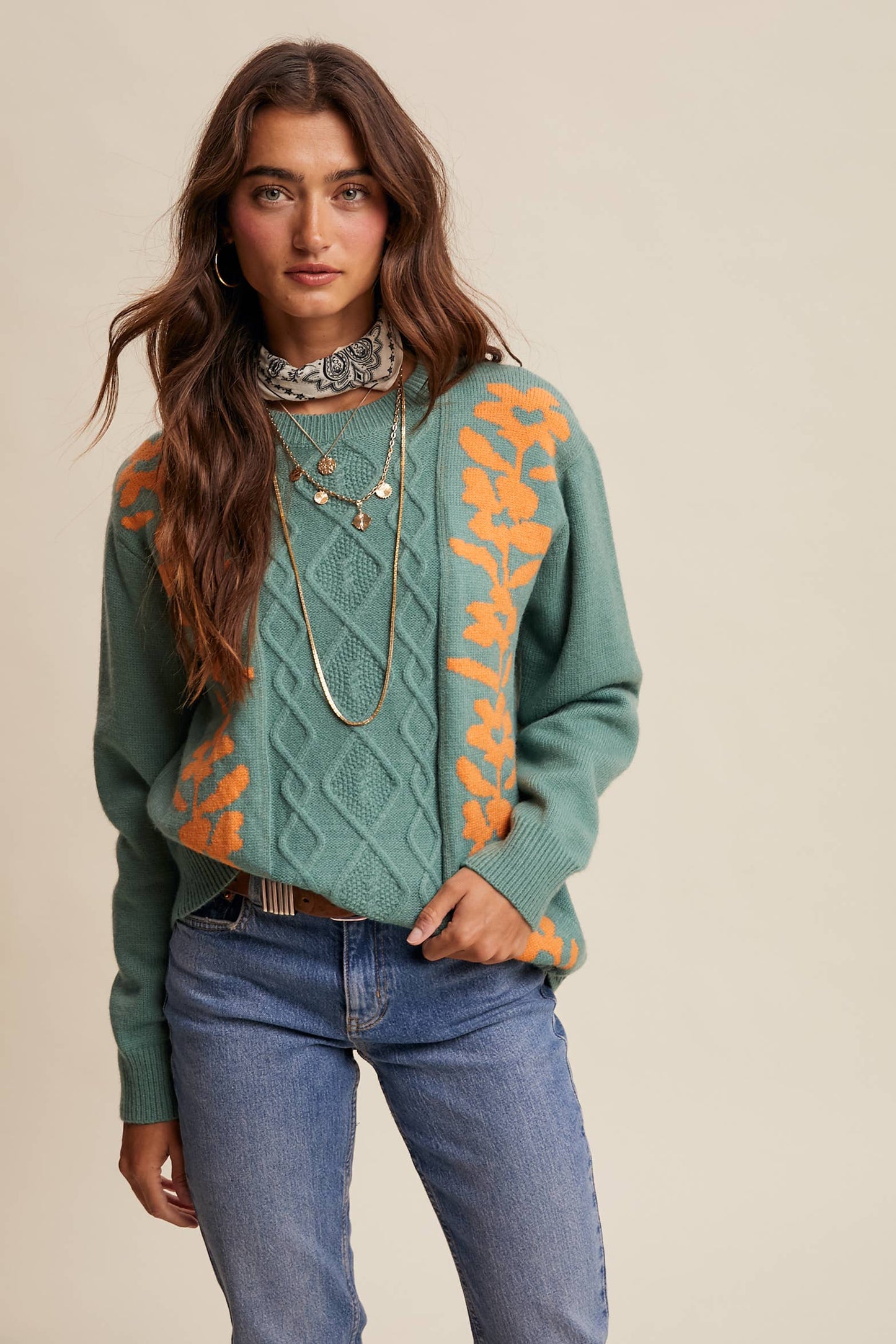 Floral Panel Cable Knit Sweater By Listicle