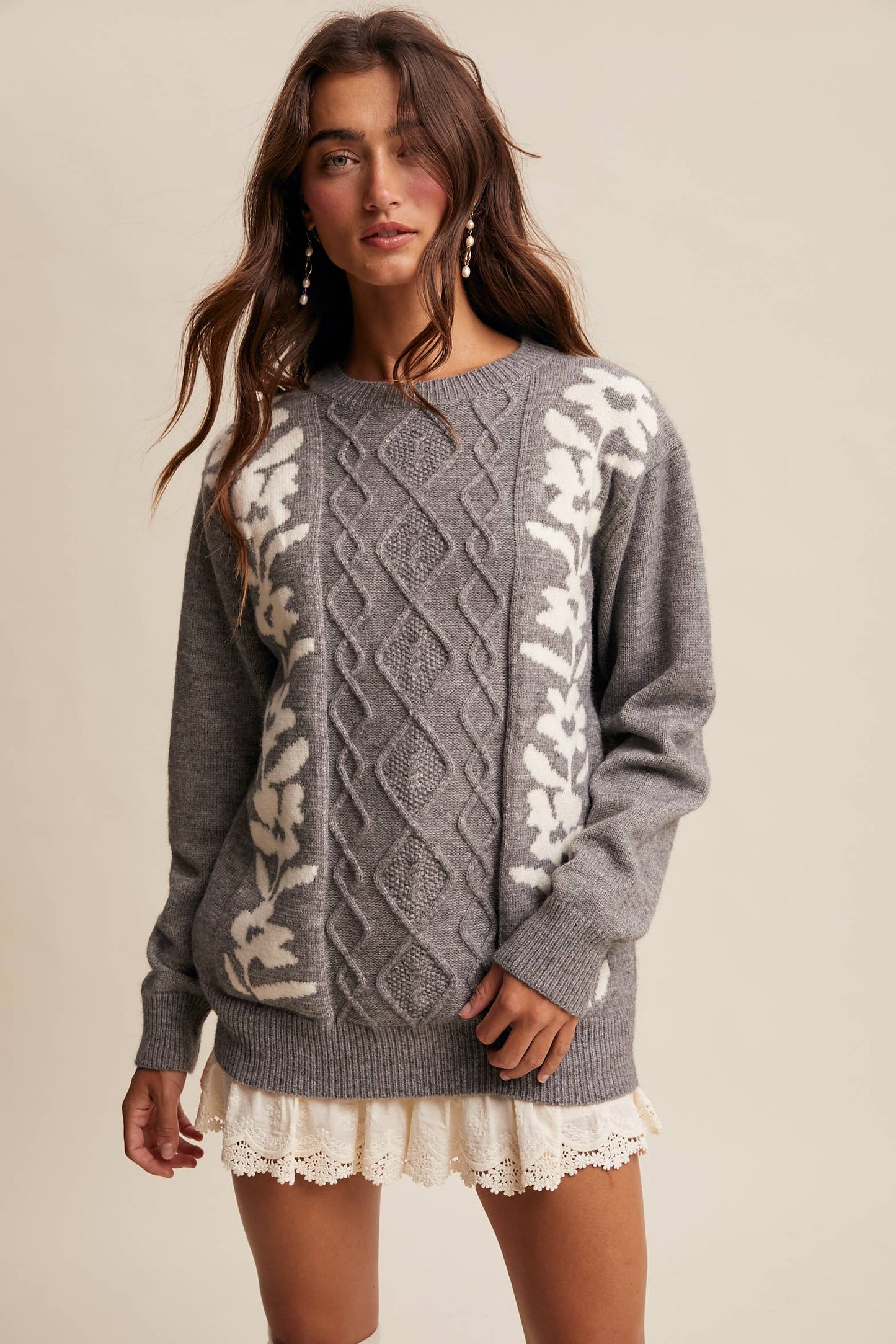 Floral Panel Cable Knit Sweater By Listicle