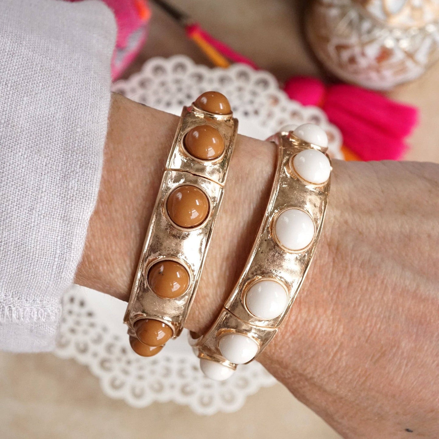 Eternity Statement Bangle Gold Tone Red Blue Brown Green Black Pearl