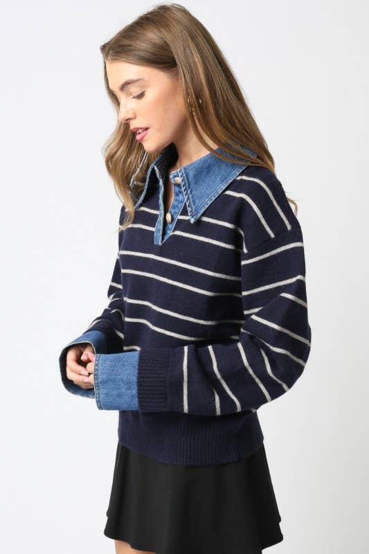 Olivaceous Sofia Stripe Denim Combo Sweater