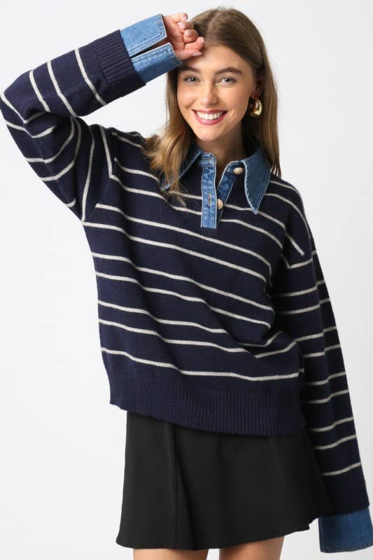 Olivaceous Sofia Stripe Denim Combo Sweater