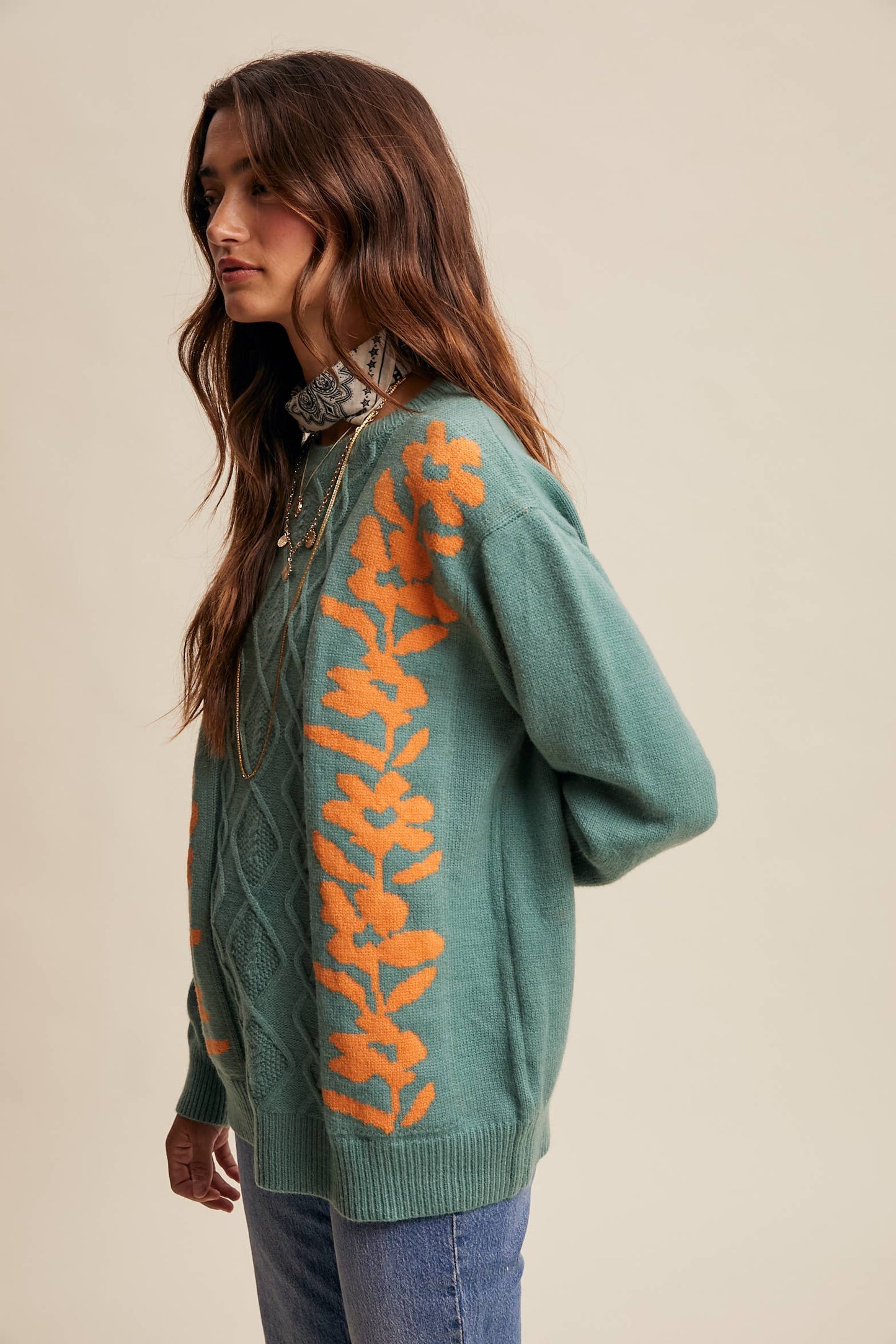 Floral Panel Cable Knit Sweater By Listicle