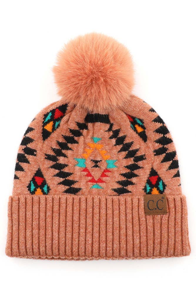 C.C Soft Aztec Pattern Beanie with Faux Fur Pom