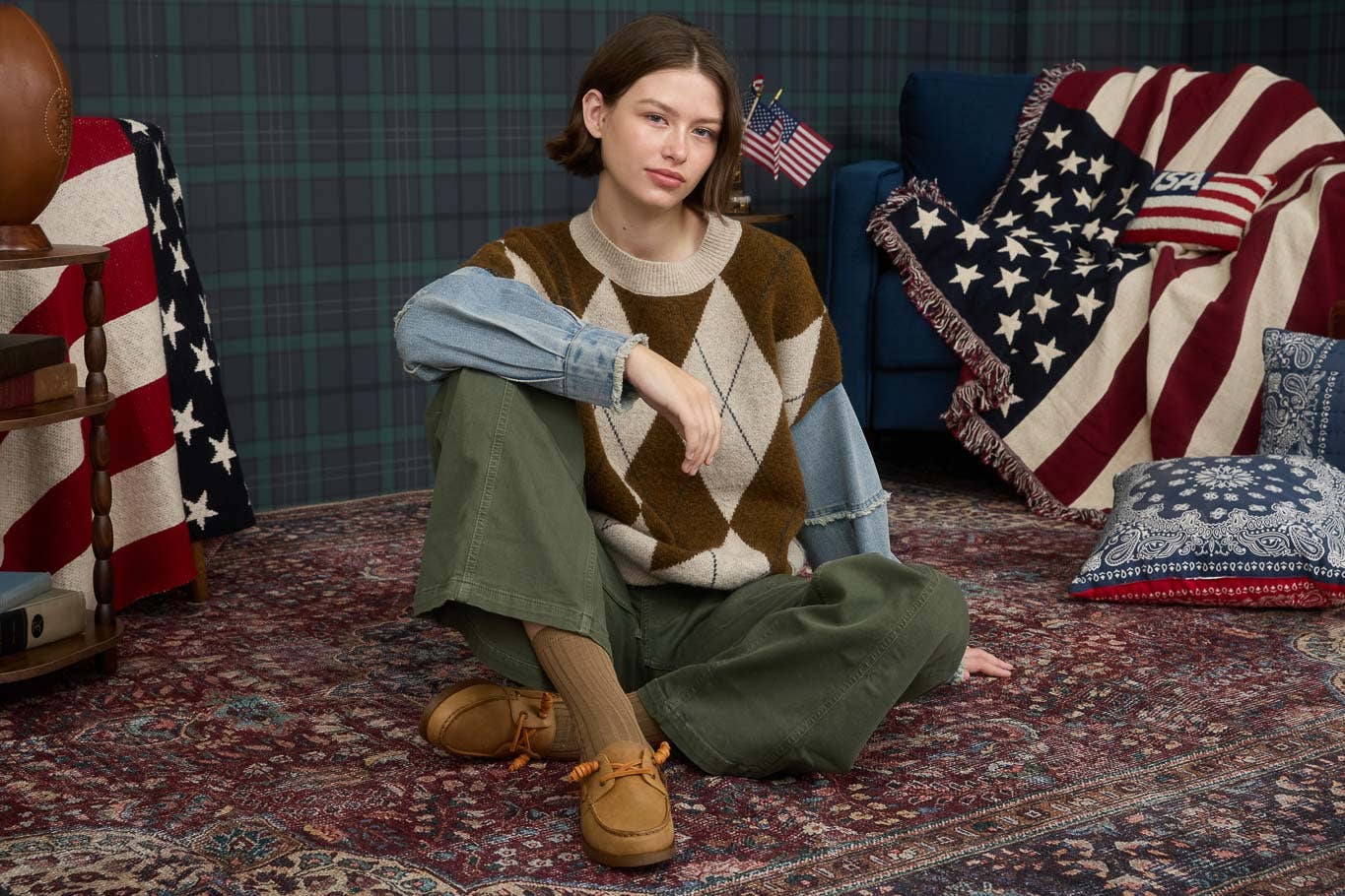 J O A ARGYLE DISTRESSED DENIM SLEEVE KNIT SWEATER