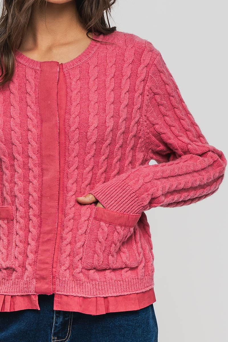 Urban Daizy Cable Knit Snap Front Ribbed Trim Long Sleeve Sweater