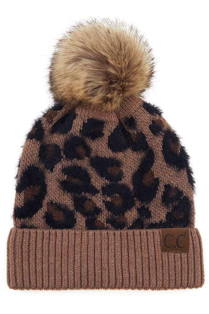 C.C Leopard Pattern Beanie Hat with Pom Winter Hat