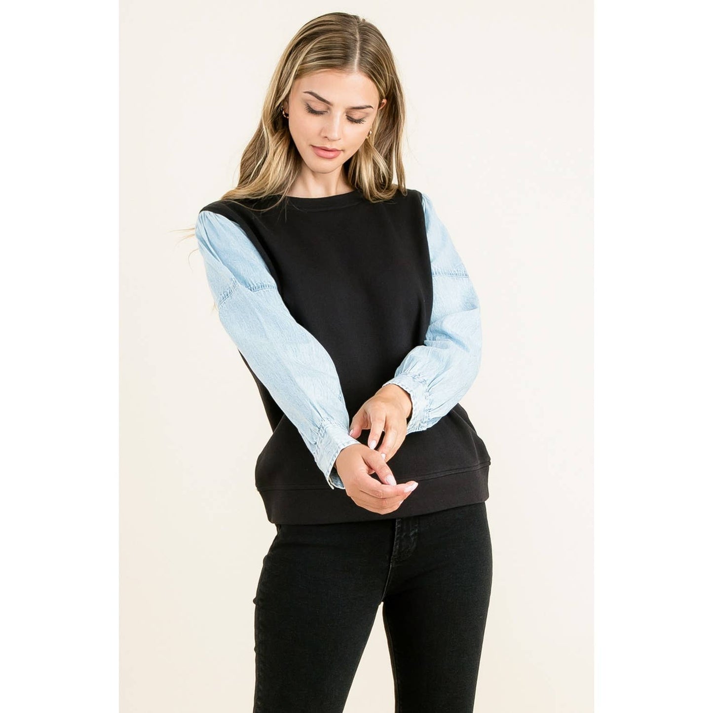 Black Knit Top with Long Light Denim Contrast Sleeves By THML