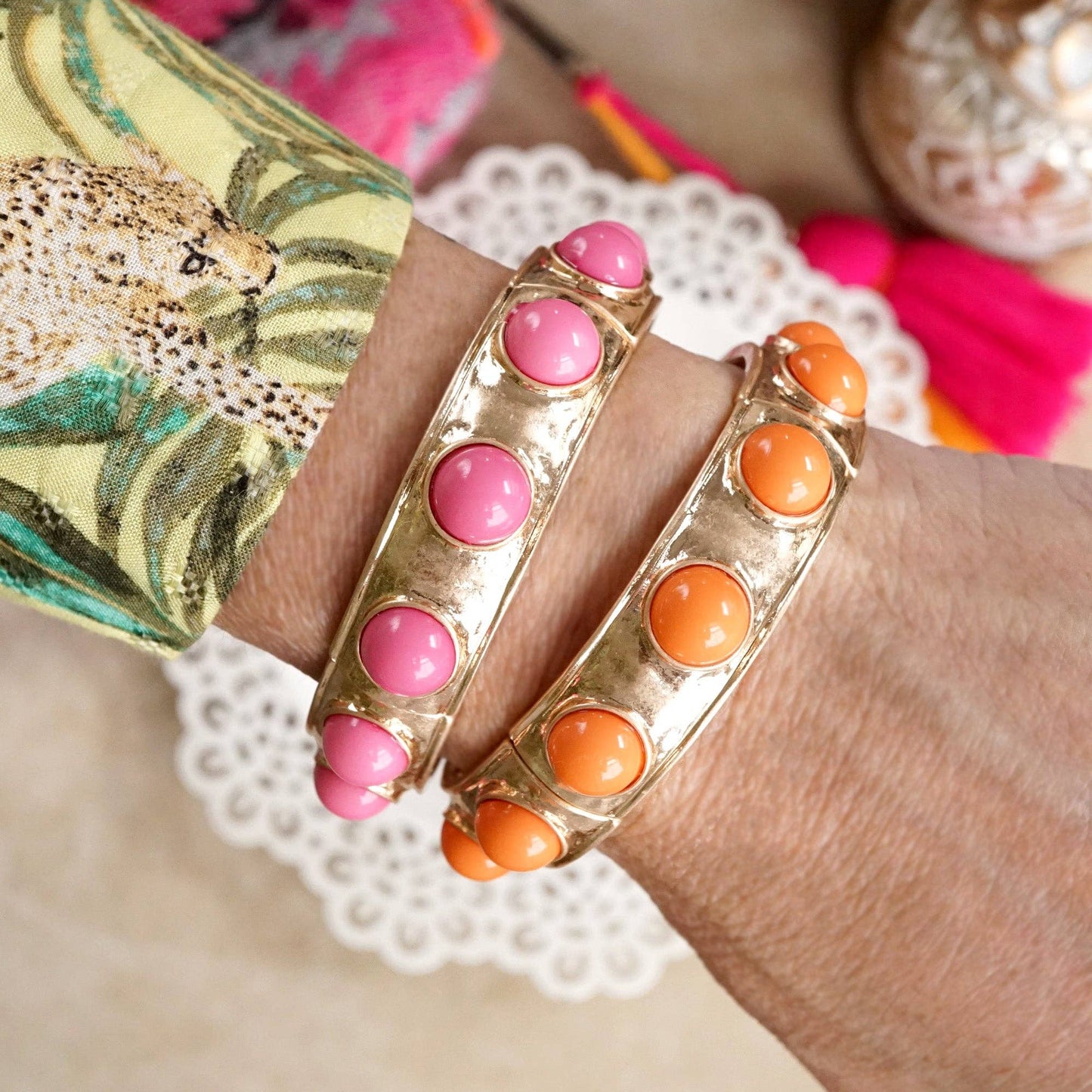 Eternity Statement Bangle Gold Tone Red Blue Brown Green Black Pearl