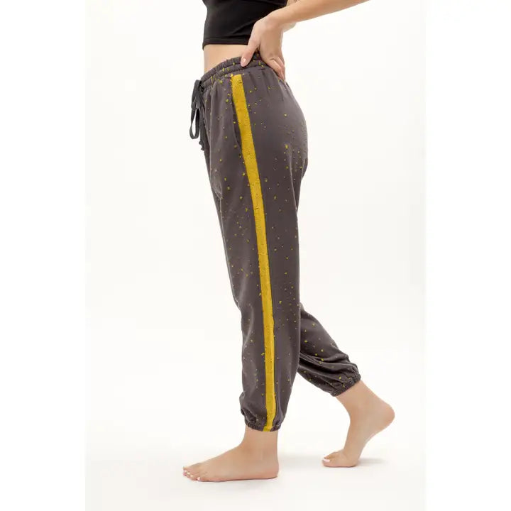 Mystree Terry Charcoal Jogger Mustard Lined, Side Pockets & Stripe