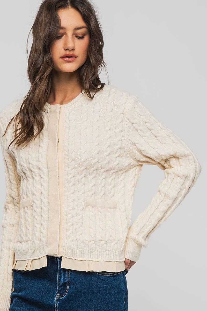 Urban Daizy Cable Knit Snap Front Ribbed Trim Long Sleeve Sweater