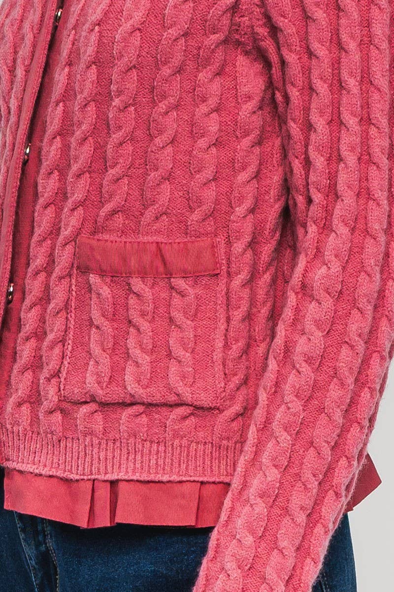 Urban Daizy Cable Knit Snap Front Ribbed Trim Long Sleeve Sweater