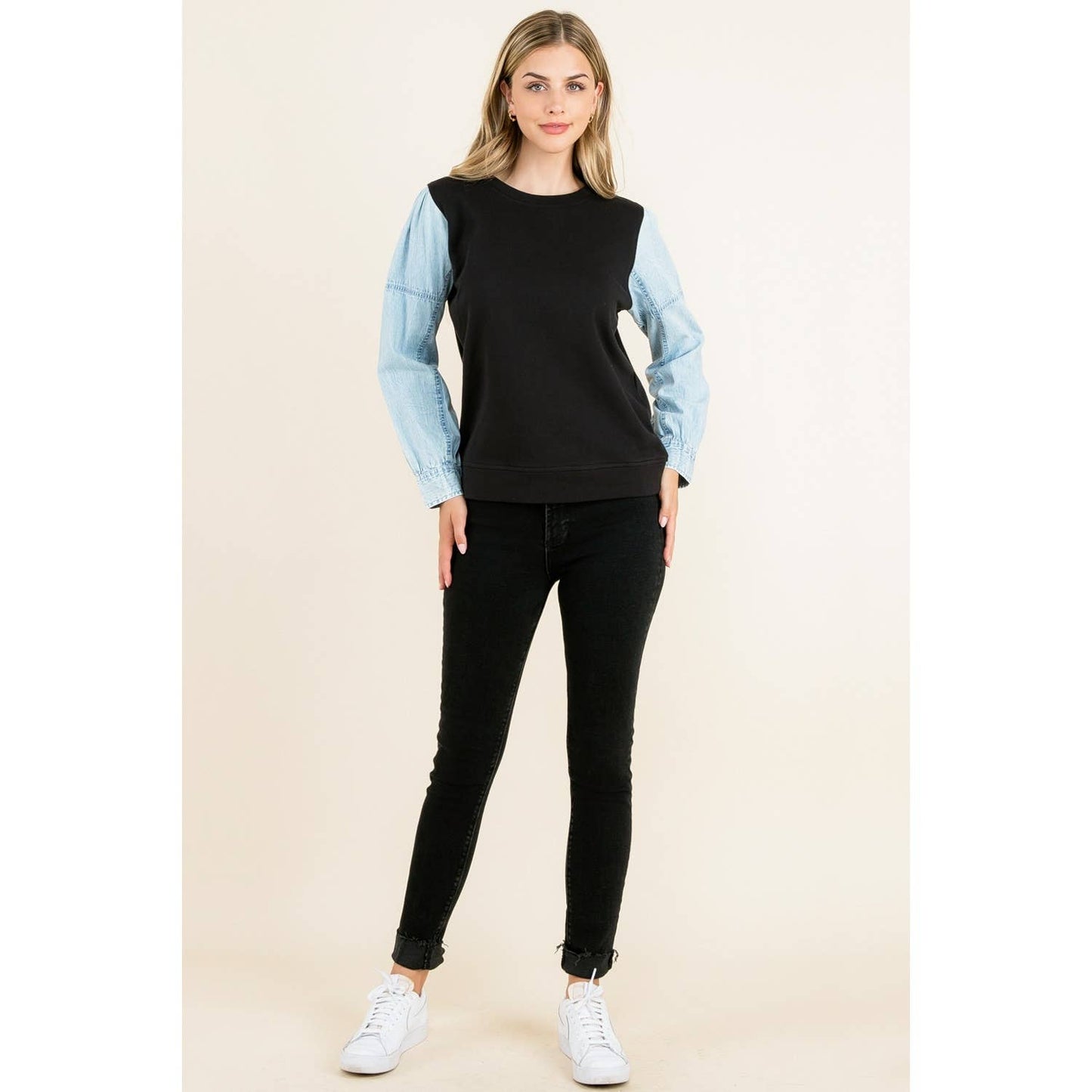 Black Knit Top with Long Light Denim Contrast Sleeves By THML